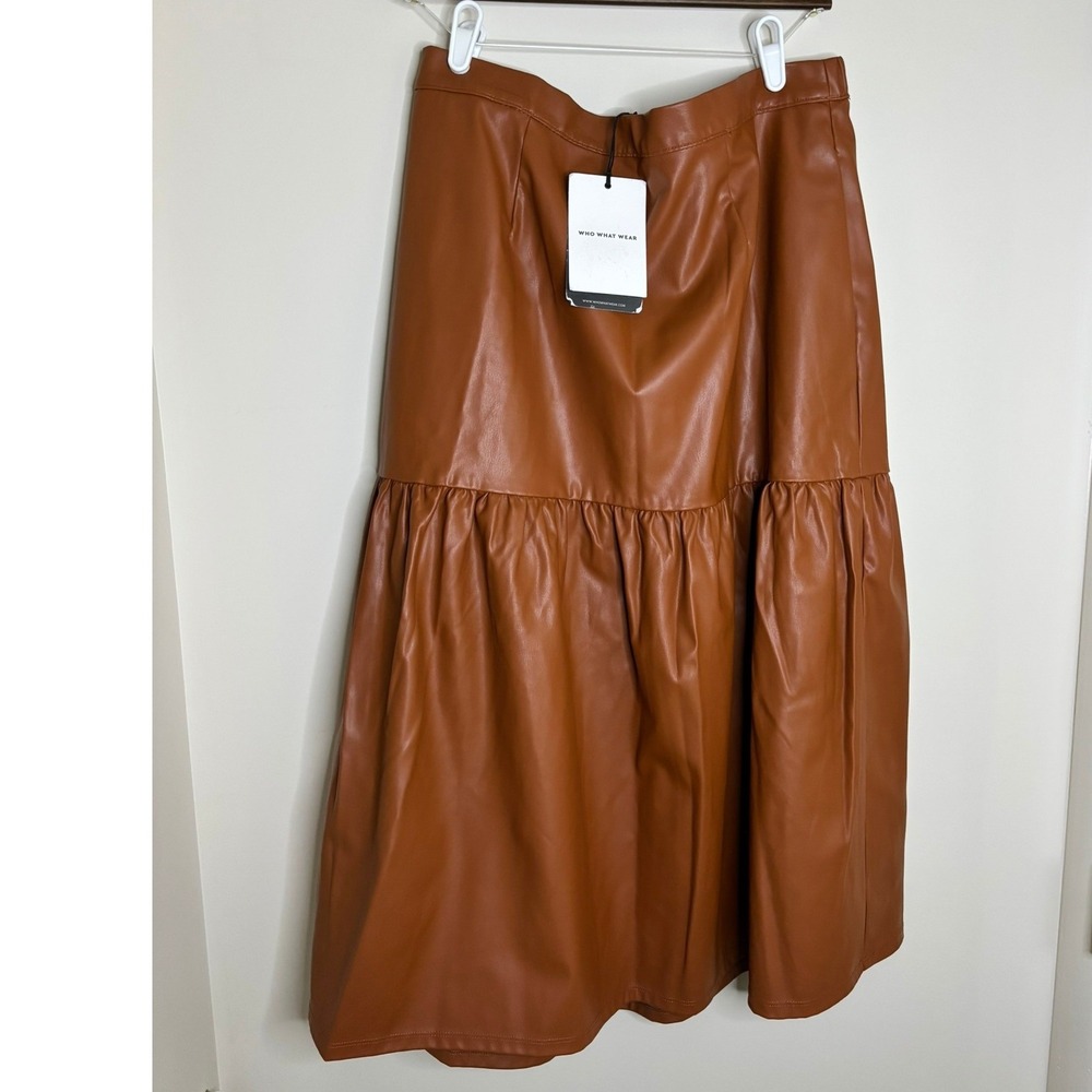 Who What Wear Faux Leather Tiered Midi Skirt Cognac Brown Womens XL New Neutral - Picture 1 of 9